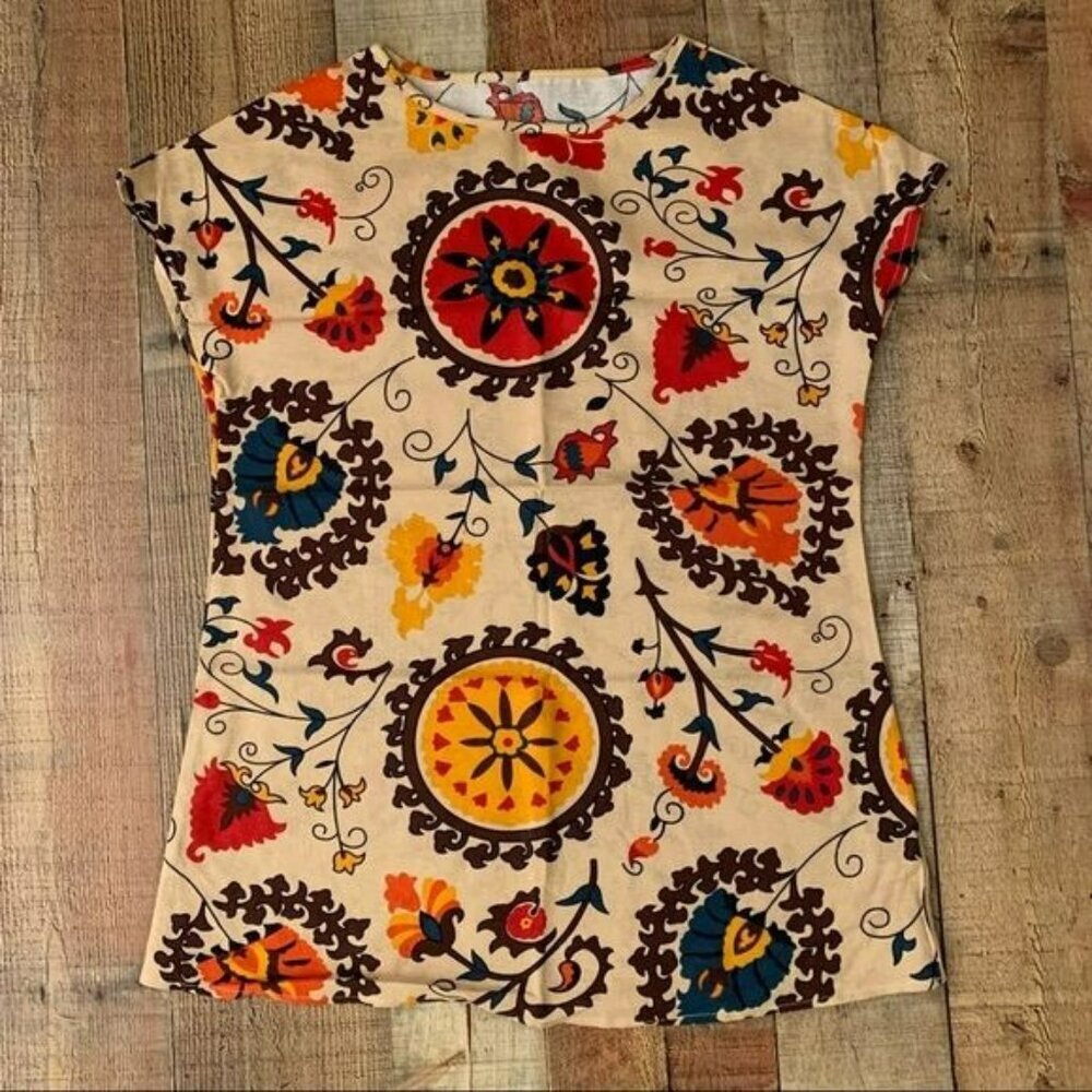 Emery rose linen floral cap short sleeve blouse - S